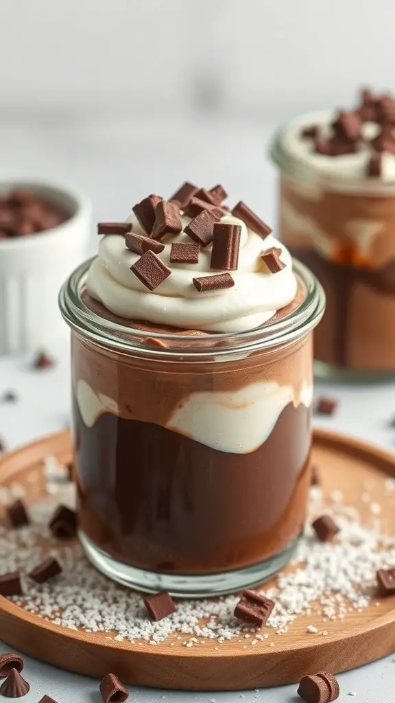 Silky chocolate pudding topped with whipped cream and chocolate shavings in a glass jar.