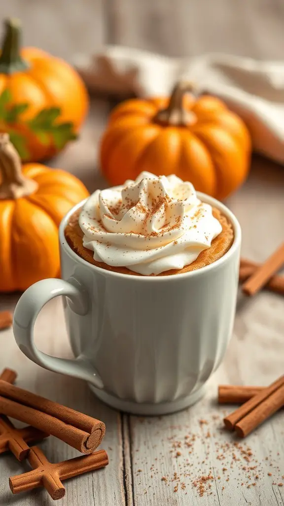 A delicious Pumpkin Spice Mug Cake topped with whipped cream and cinnamon, surrounded by pumpkins and cinnamon sticks.