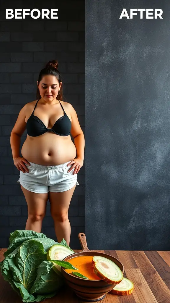 Before and after image showing weight loss transformation with cabbage soup diet