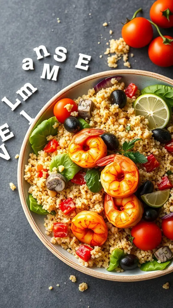 A bowl of spicy shrimp and couscous salad with cherry tomatoes and greens.
