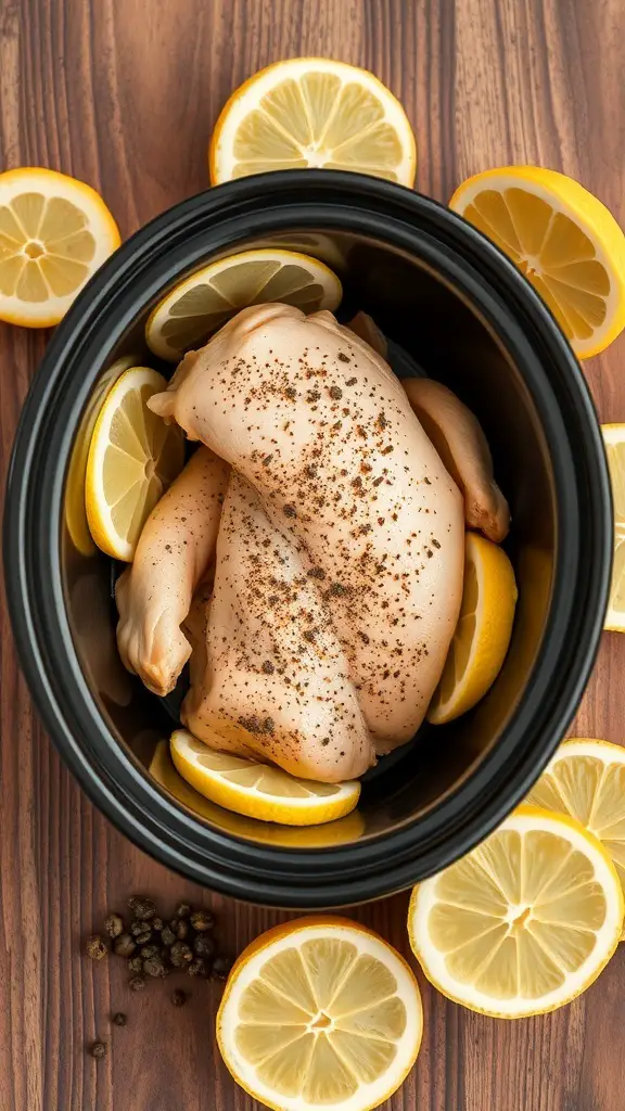 Crock pot with chicken breasts and lemon slices