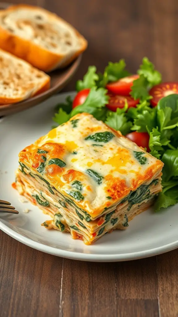 A slice of chicken and spinach lasagna on a plate, served with salad and bread.