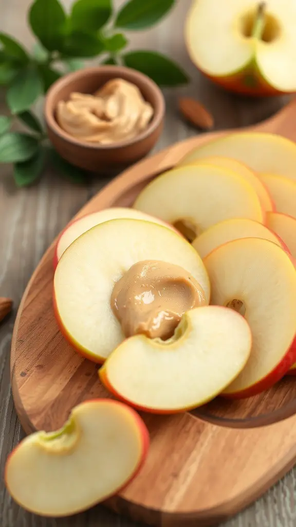 Sliced apples with almond butter on a wooden platter