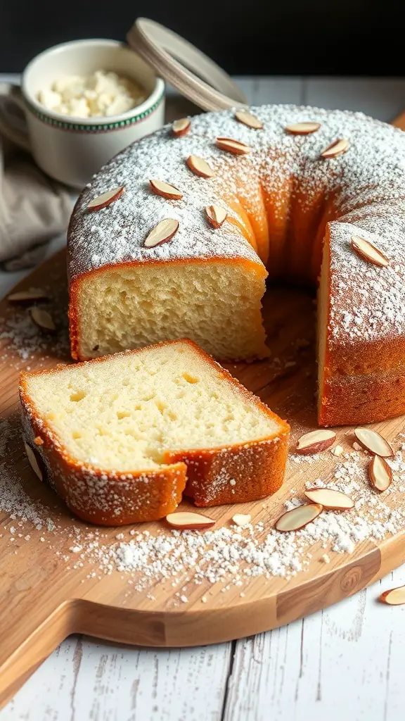 A golden almond flour cake with powdered sugar and almond slices on a wooden board.