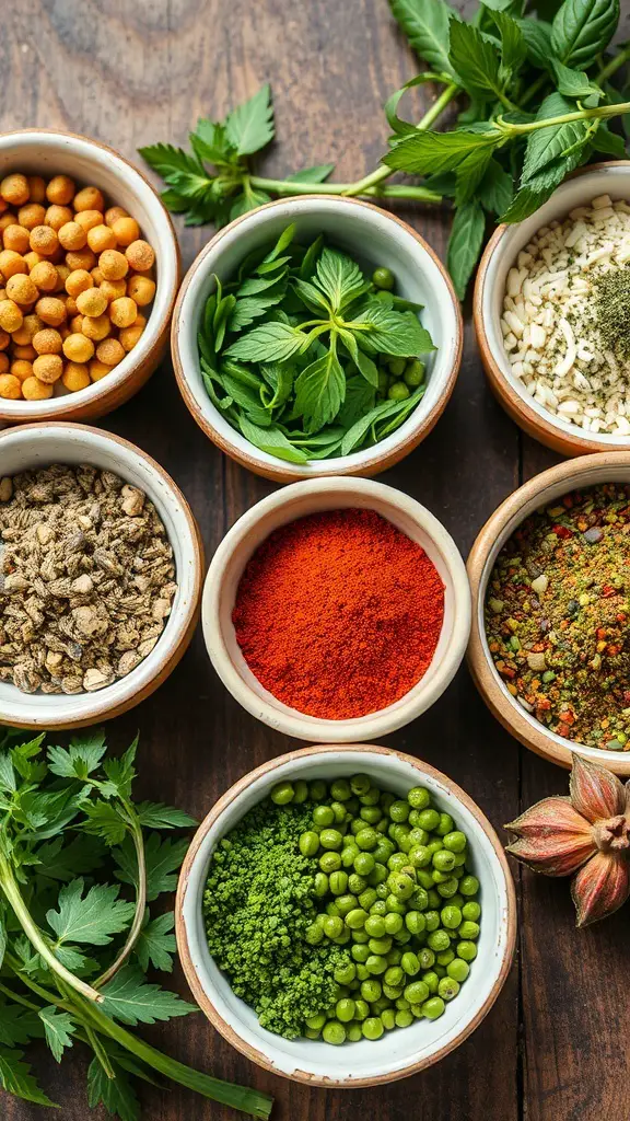 An assortment of herbs and spices in small bowls on a wooden surface.