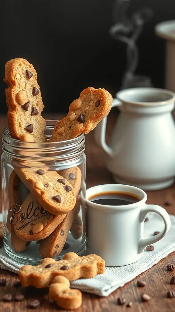 A jar of crunchy almond biscotti cookies next to a cup of coffee.