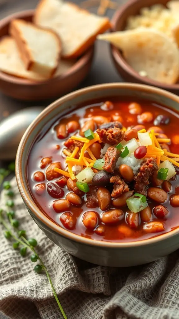A bowl of Southern style chili topped with cheese and green onions, with bread and cheese on the side.
