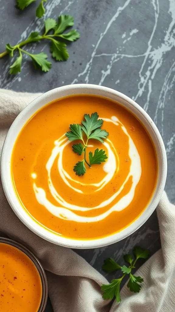 A bowl of sweet potato and tofu soup garnished with a swirl of cream and fresh herbs.