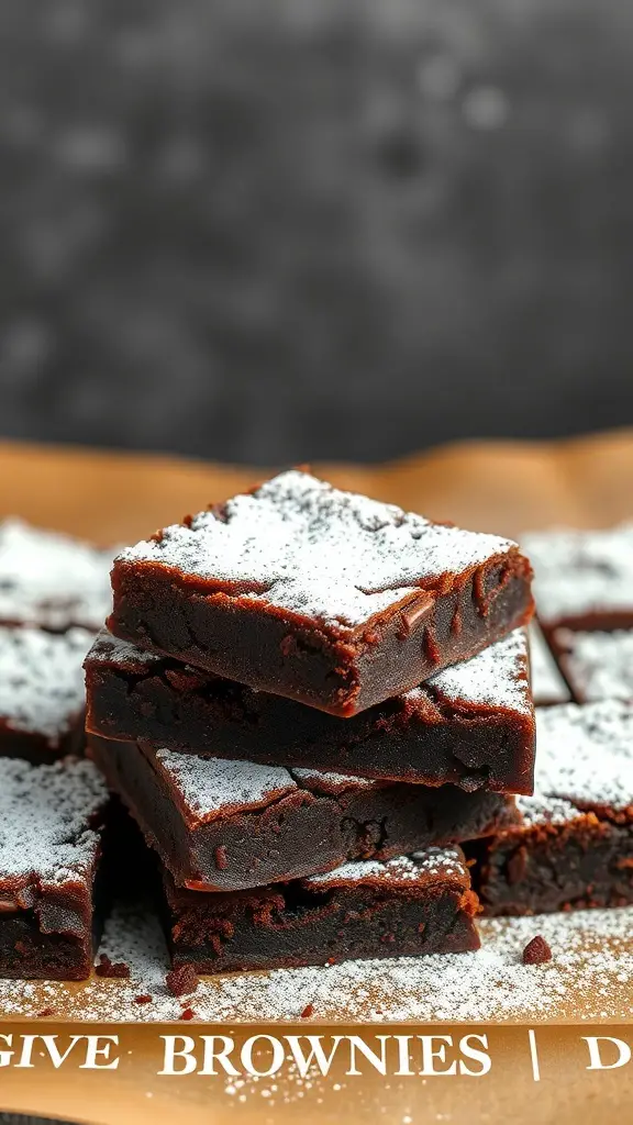 A stack of classic brownies dusted with powdered sugar, showcasing a fudgy center.