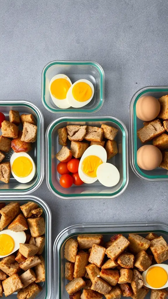 Meal prep containers with cooked meats, eggs, and cheese for a carnivore diet.