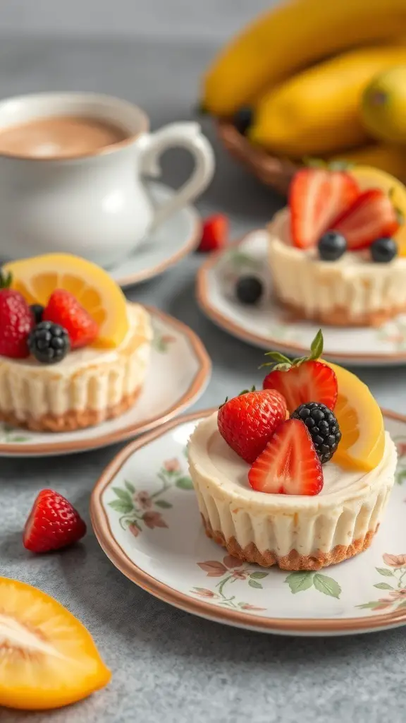 Mini cheesecakes topped with strawberries, blueberries, and lemon slices on floral plates.