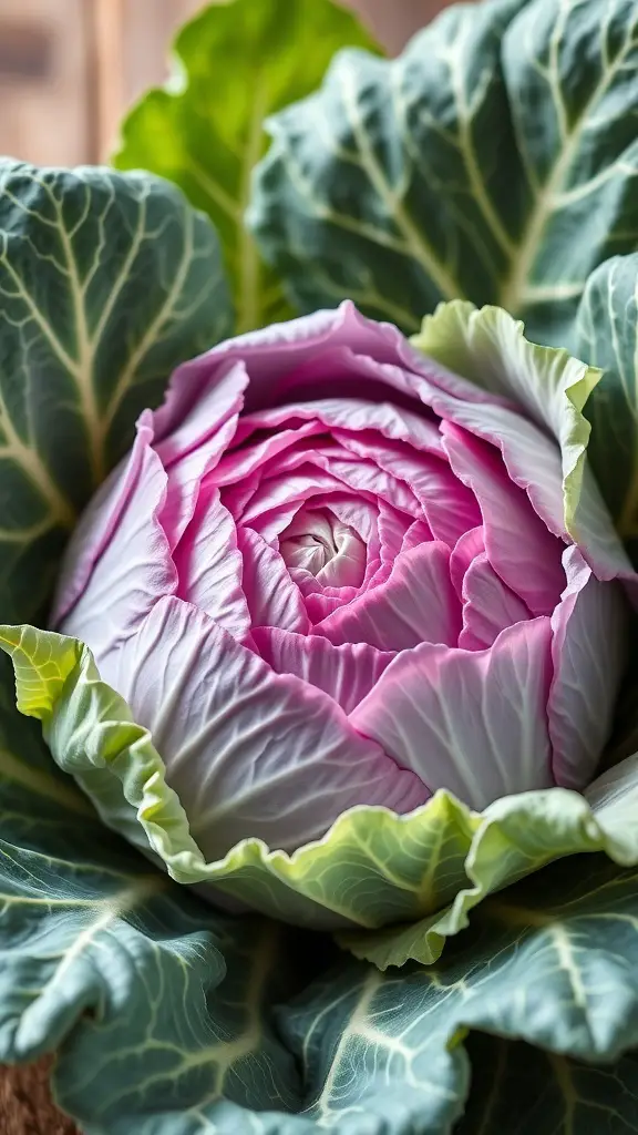 A close-up of a vibrant purple cabbage surrounded by green leaves.