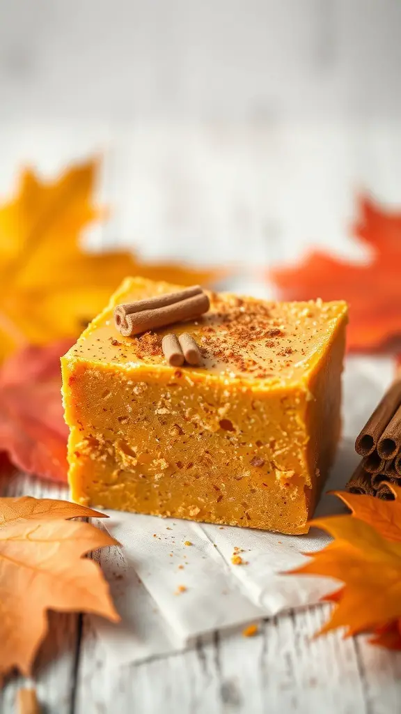 A piece of pumpkin spice fudge with cinnamon sticks on top, surrounded by autumn leaves.