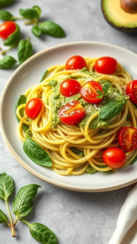 A plate of zucchini noodles topped with avocado pesto and cherry tomatoes, garnished with fresh basil.