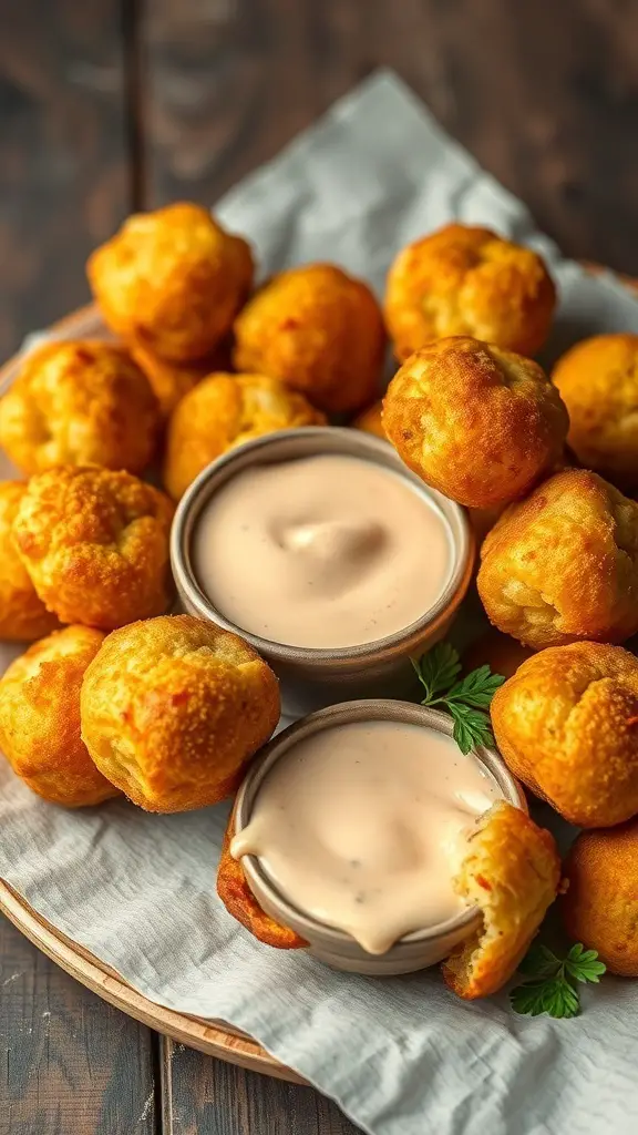 A plate of golden hush puppies with two bowls of dipping sauce