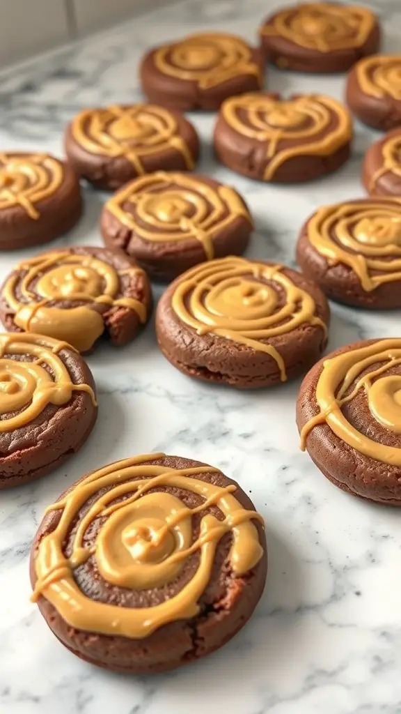 Peanut Butter Swirl Brownie Cookies on a marble surface