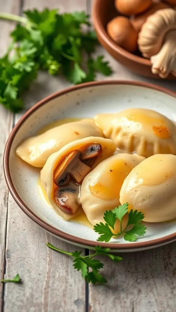 A plate of mushroom and garlic perogies with a light sauce and fresh herbs