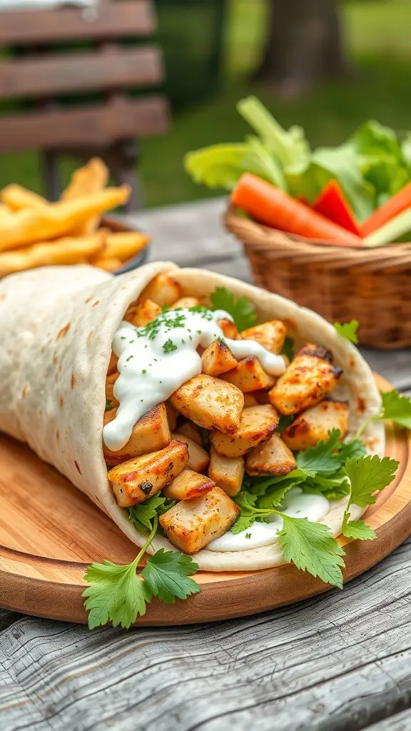 A Greek pita wrap filled with grilled potatoes, tzatziki sauce, and fresh herbs, served with a side of vegetables.