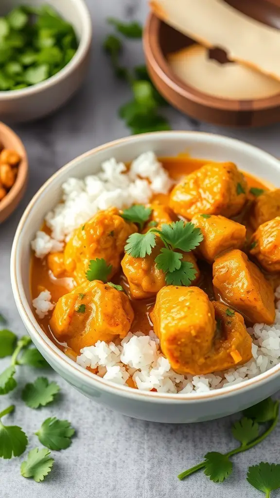 Bowl of coconut curry chicken with rice and cilantro