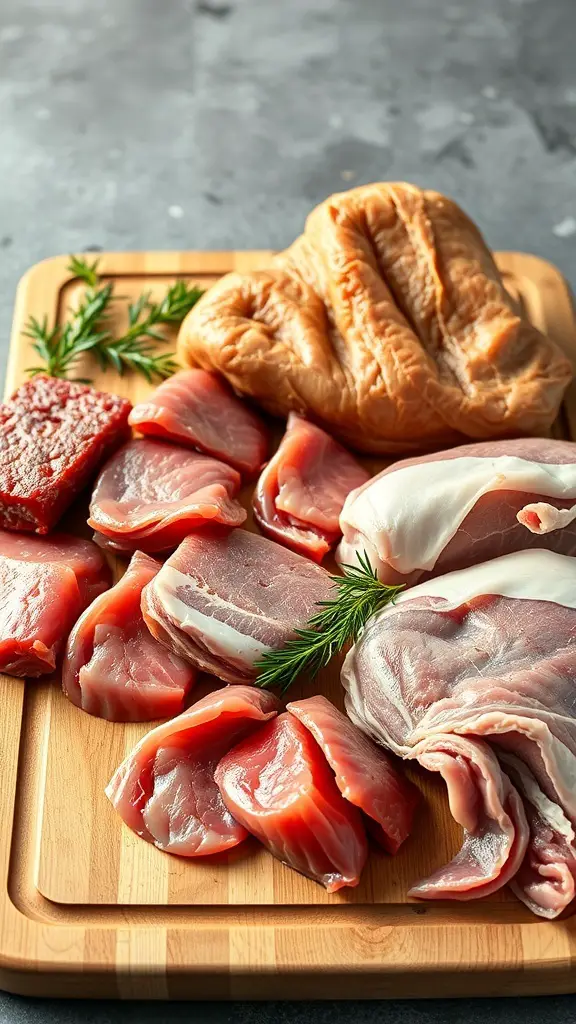 A variety of meats displayed on a wooden cutting board, including ribeye steaks, ground beef, chicken thighs, and pork belly.