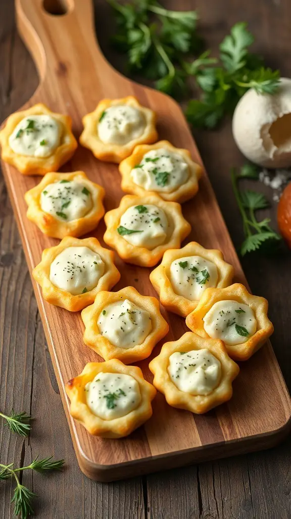 A wooden board with star-shaped puff pastry bites filled with creamy filling and garnished with herbs.