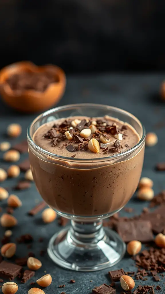 A glass of chocolate hazelnut mousse topped with chocolate shavings and hazelnuts, surrounded by chocolate pieces and hazelnuts.