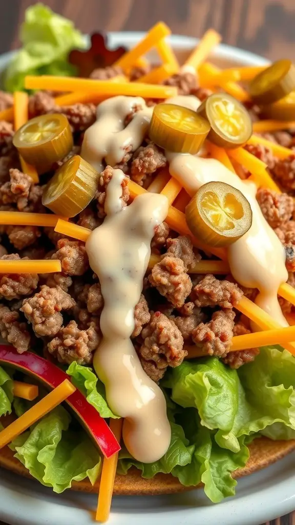 A colorful Keto Cheeseburger Salad with ground beef, cheddar cheese, pickles, and lettuce.