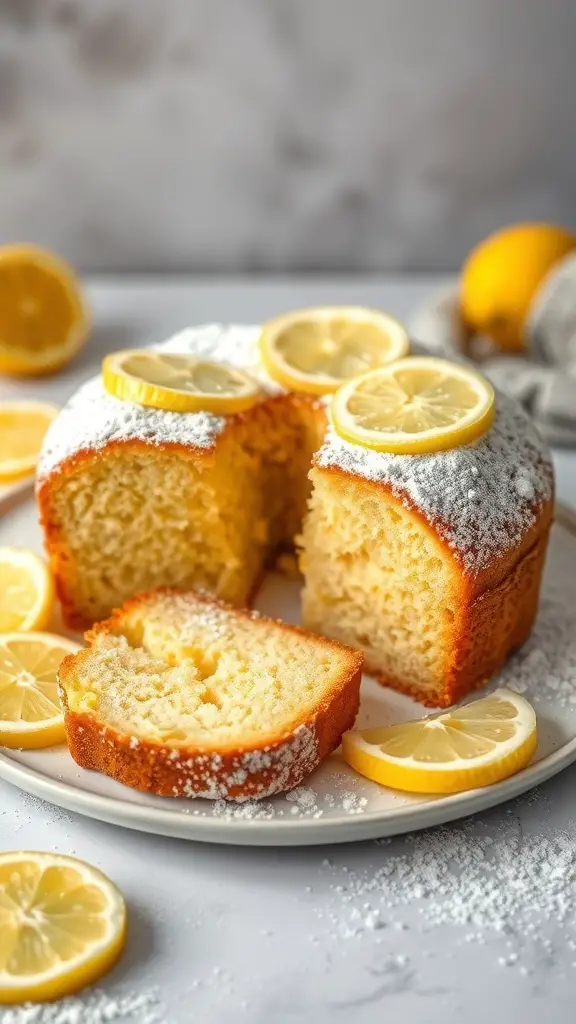 A lemon olive oil cake with slices cut out, garnished with lemon slices and powdered sugar.