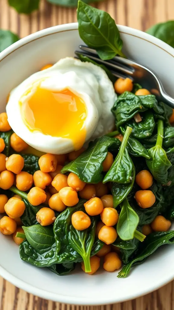 A bowl of chickpeas and spinach topped with a poached egg.