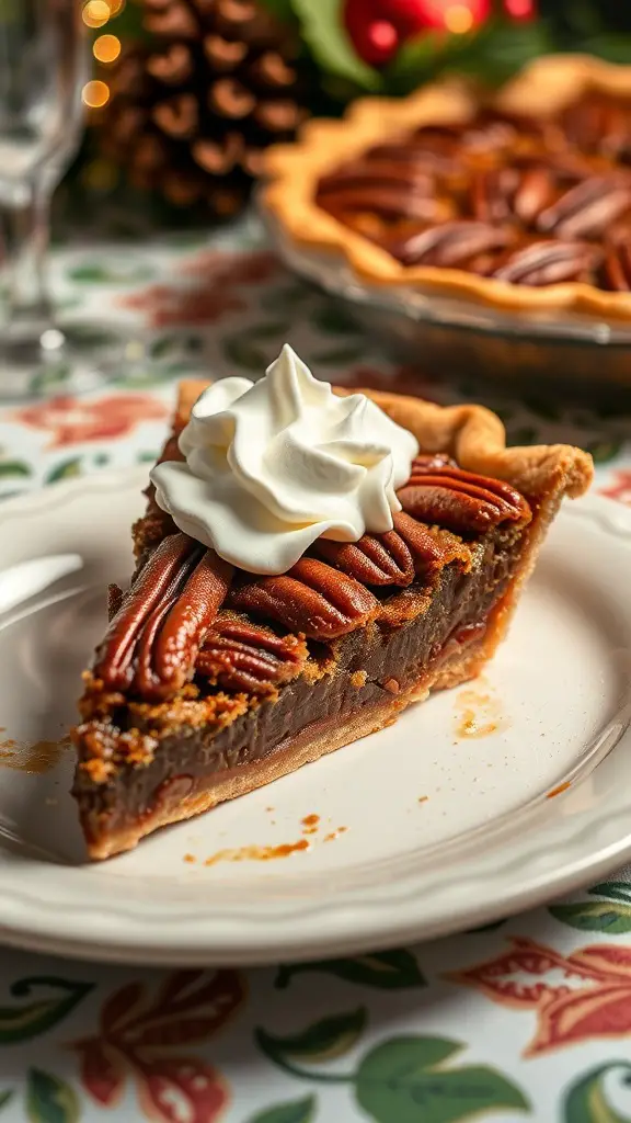 A slice of pecan pie topped with whipped cream on a plate, with a whole pie in the background.