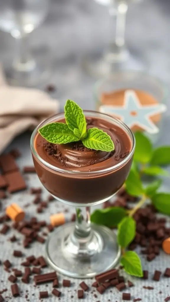 A glass of dark chocolate mousse topped with mint leaves, surrounded by chocolate pieces.