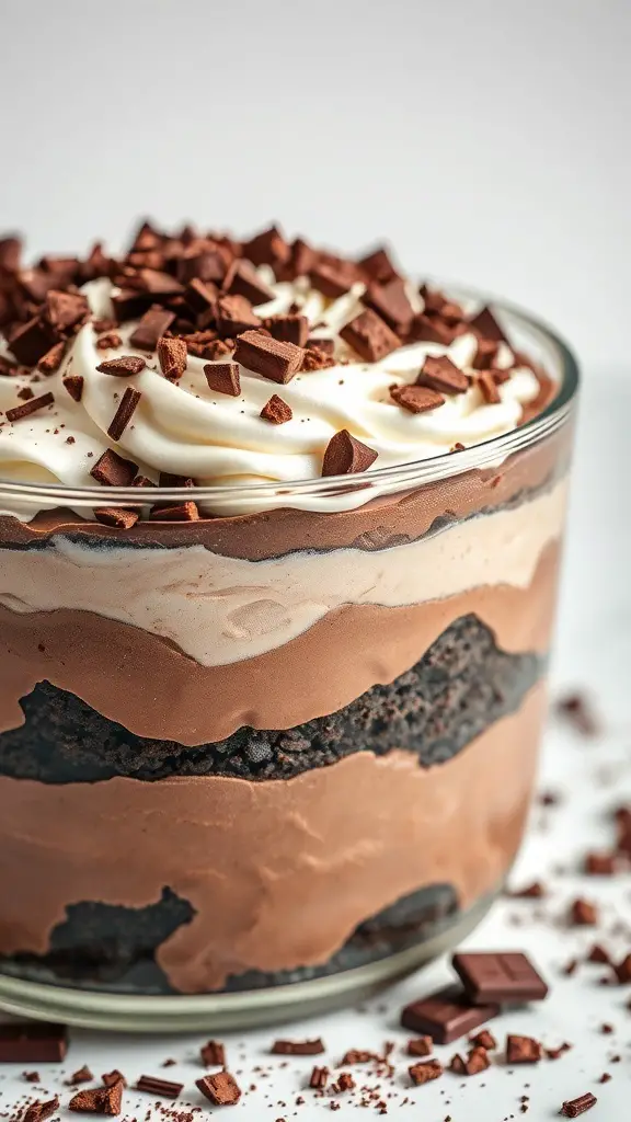 A delicious chocolate layered trifle topped with whipped cream and chocolate shavings.