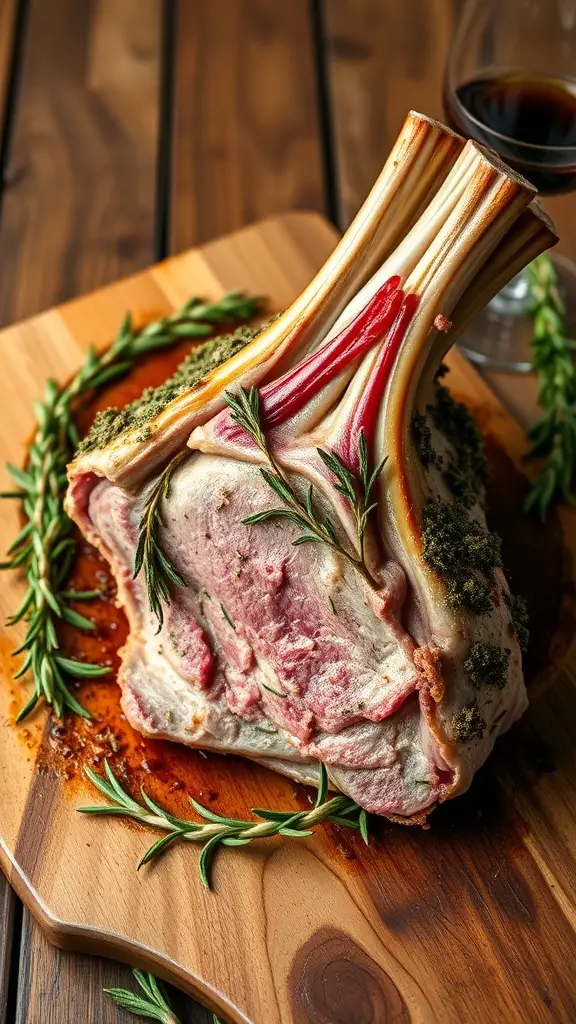 A beautifully prepared herb-crusted rack of lamb garnished with fresh herbs on a wooden cutting board.
