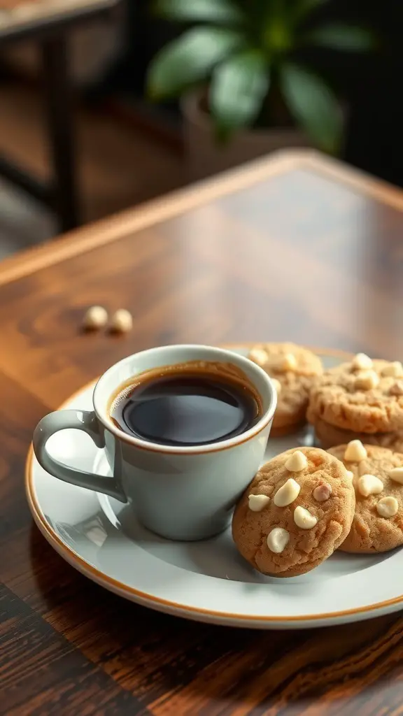 A plate of white chocolate macadamia nut cookies next to a cup of coffee on a wooden table.