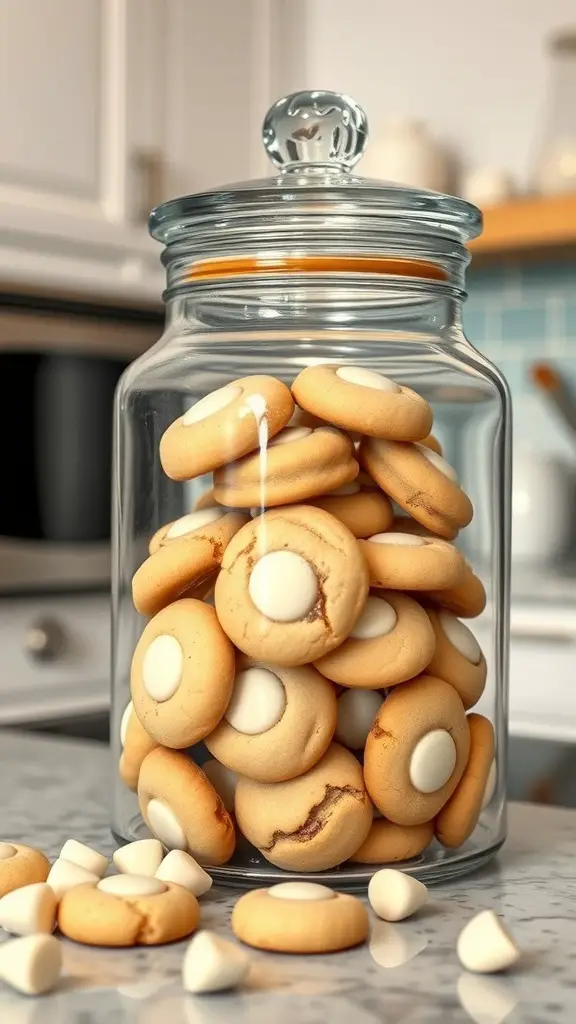 A glass jar filled with white chocolate macadamia nut cookies, some cookies are scattered around on a marble surface.