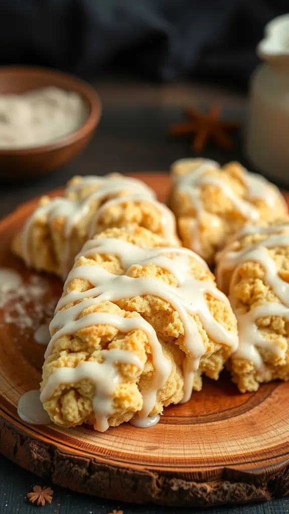 Delicious snickerdoodle scones drizzled with cinnamon glaze on a wooden plate.