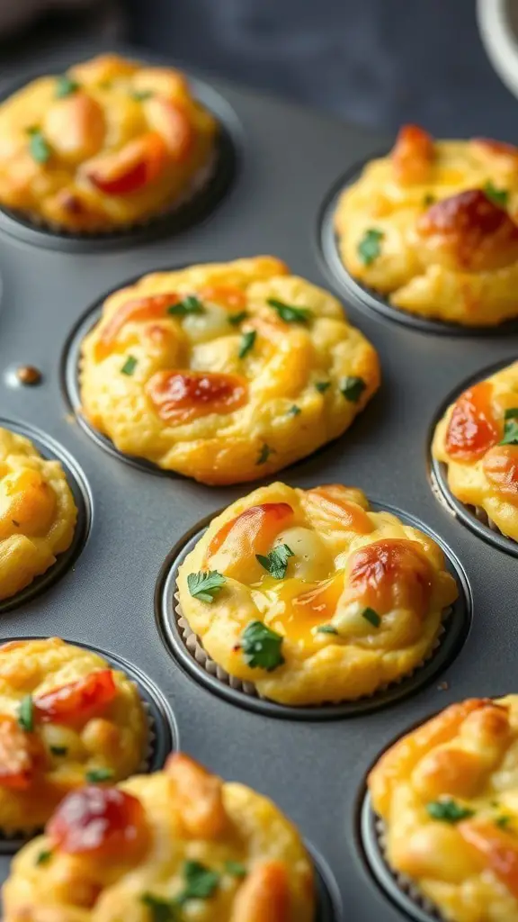 A tray of egg and vegetable breakfast muffins, golden and topped with colorful veggies.