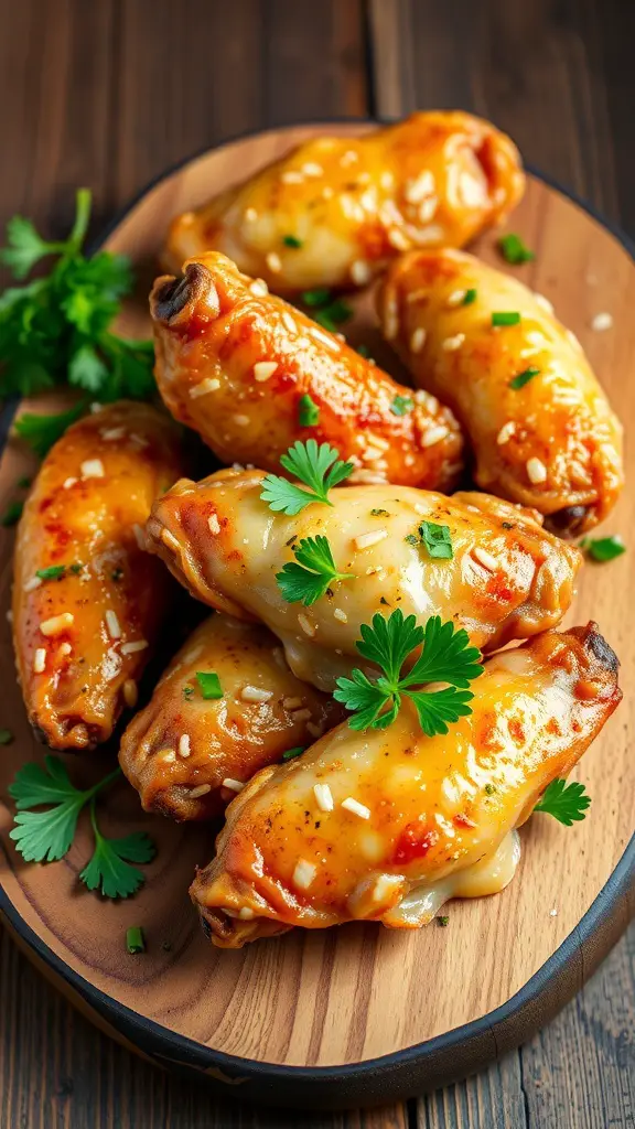 A plate of garlic Parmesan chicken wings garnished with parsley.