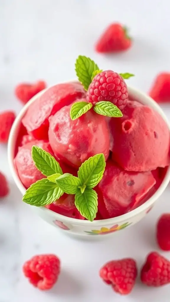 A bowl of silky raspberry sorbet garnished with mint leaves and surrounded by fresh raspberries.