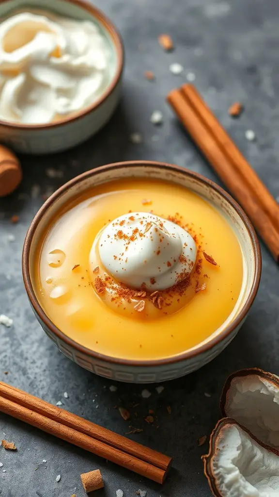 A bowl of Egg Yolk Pudding topped with whipped cream and cinnamon, with coconut and cinnamon sticks in the background.