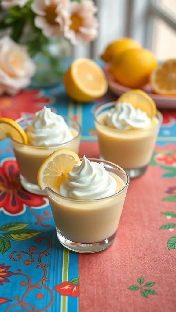Three lemon pudding cups topped with whipped cream and lemon slices on a colorful table