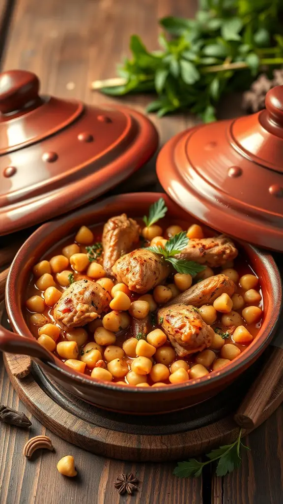 A tagine dish with chicken and chickpeas, garnished with herbs, served in a traditional clay pot.