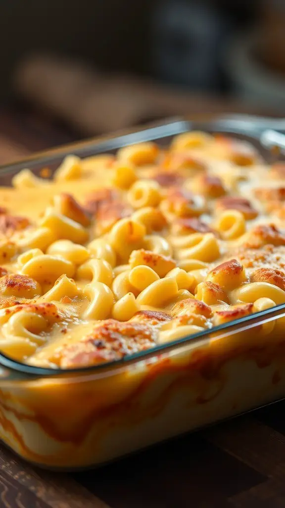 A casserole dish filled with creamy macaroni and cheese, topped with a golden-brown crust.