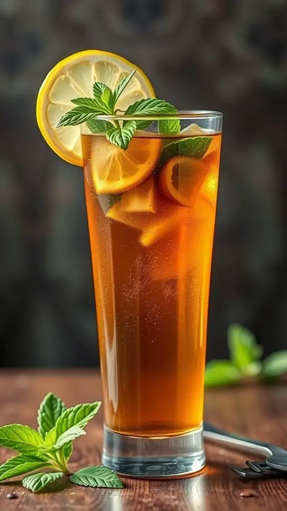 A glass of sweet tea with fresh mint and lemon slices