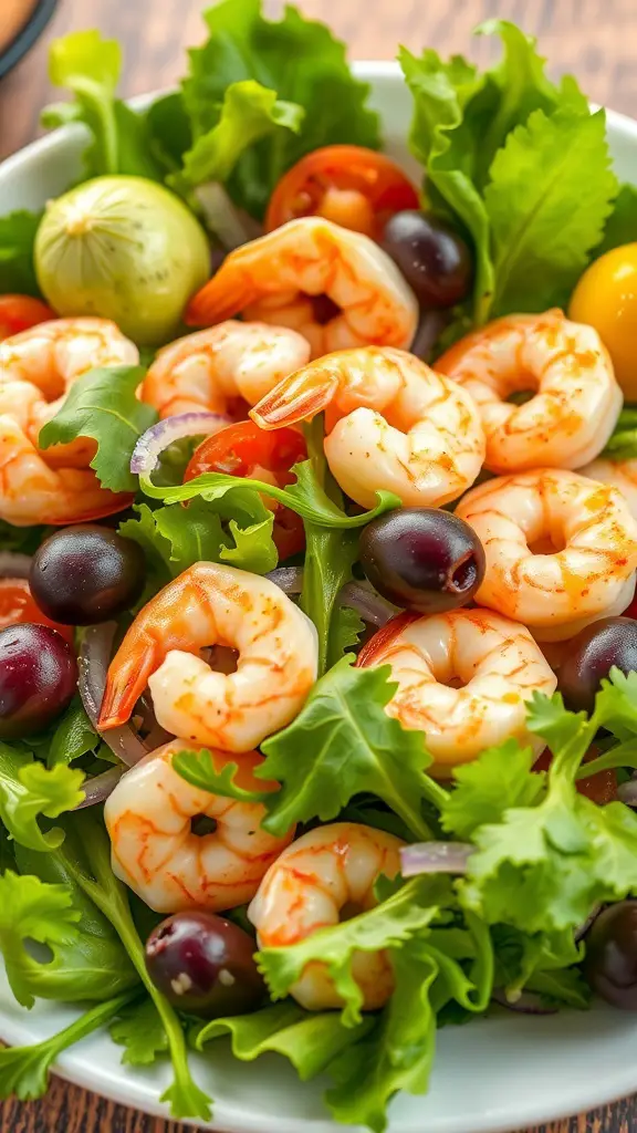 A colorful Mediterranean shrimp salad with shrimp, greens, cherry tomatoes, and olives.