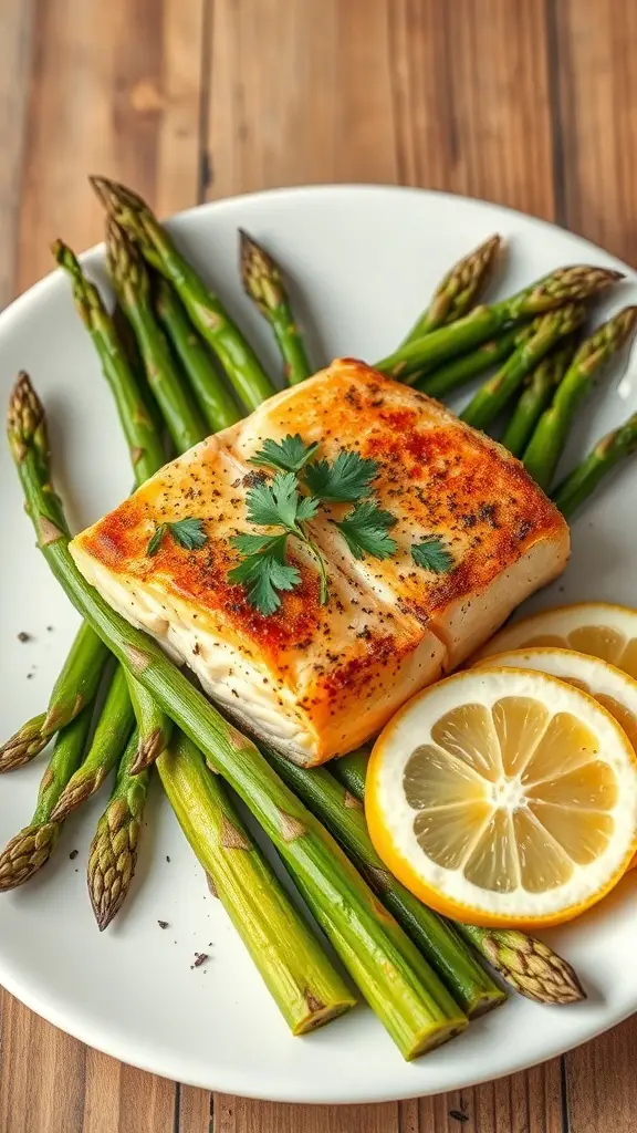 Baked salmon fillet on a plate with asparagus and lemon slices.