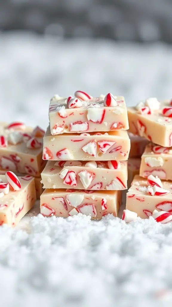 Peppermint Bark Fudge stacked on a snowy surface