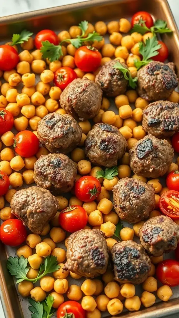 A sheet pan filled with spiced lamb meatballs, chickpeas, and cherry tomatoes, garnished with parsley.