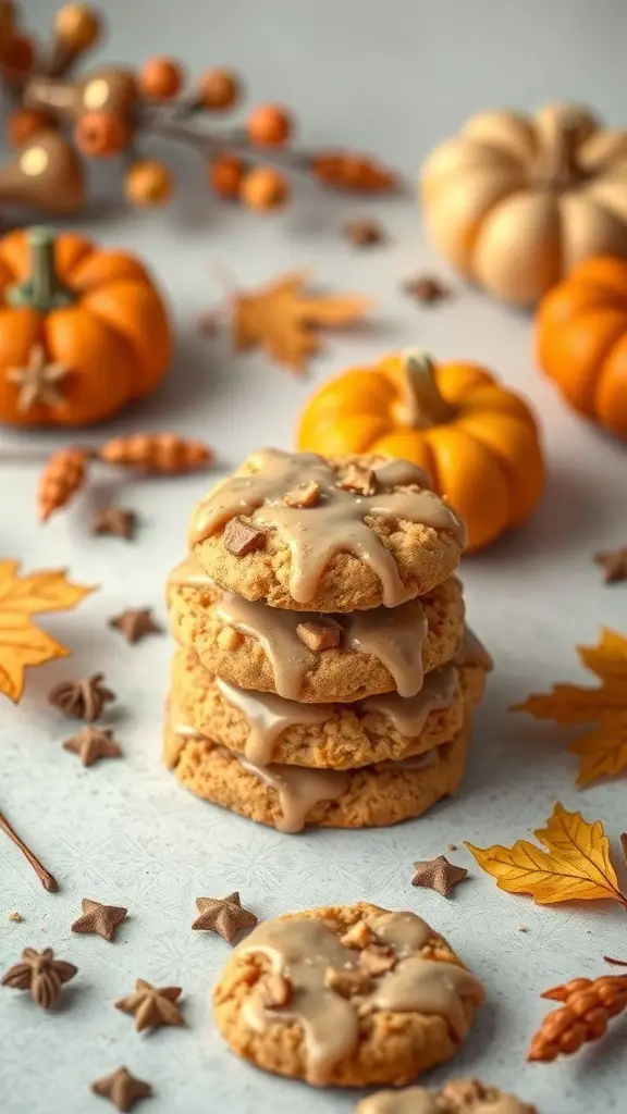 Stack of pumpkin spice toffee cookies with a creamy glaze, surrounded by decorative pumpkins and autumn leaves.