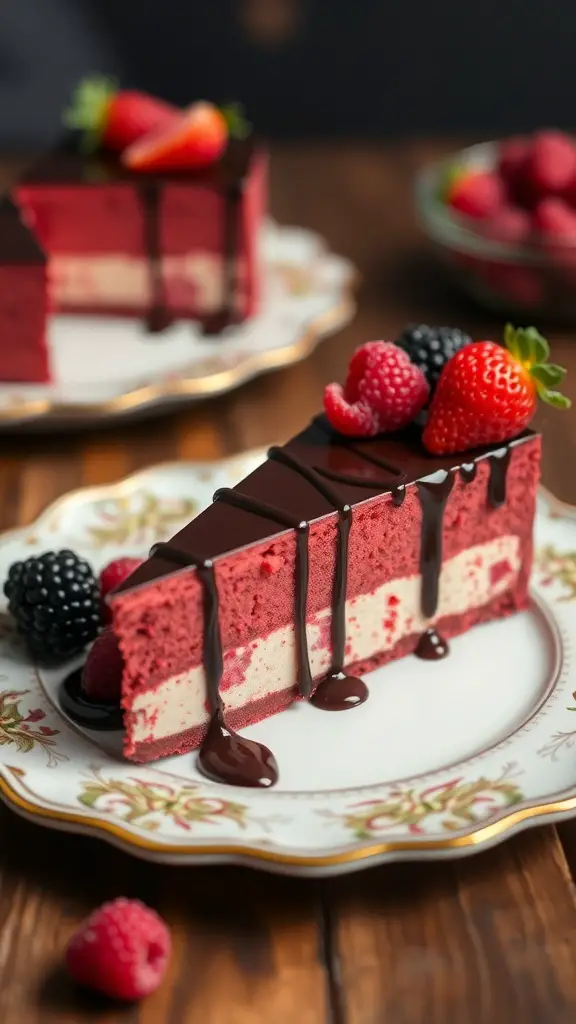 A slice of rich red velvet cheesecake topped with chocolate drizzle and fresh berries on a decorative plate.